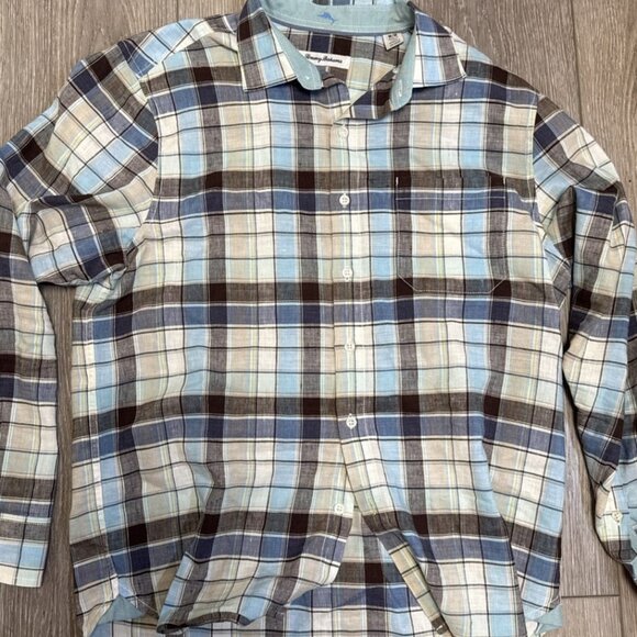 Tommy Bahama Men's Size Medium Plaid Long Sleeve Men's Shirt BLUE BROWN - Picture 2 of 9